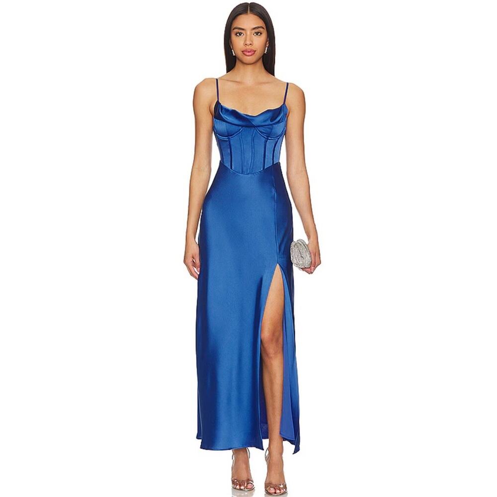 Revolve ASTR the Label Satin Cannes Dress In Denim Blue Size Small